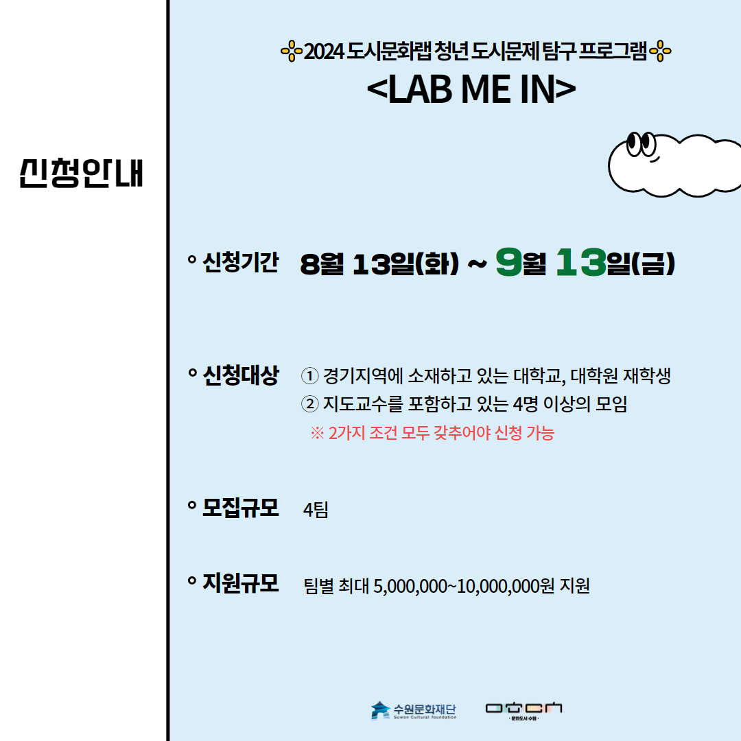 신청안내 | 신청기간 : 8월13일(화) ~ 9월 13일(금) / 신청대상 : 1.경기지역에 소재하고 있는 대학교, 대학원 재학생 2.지도교수를 포함하고 있는 4명 이상의 모임 ※2가지 조건 모두 갖추어야 신청 가능 / 모집규모 : 4팀 / 지원규모 : 팀별 최대 5,000,000~10,000,000원 지원